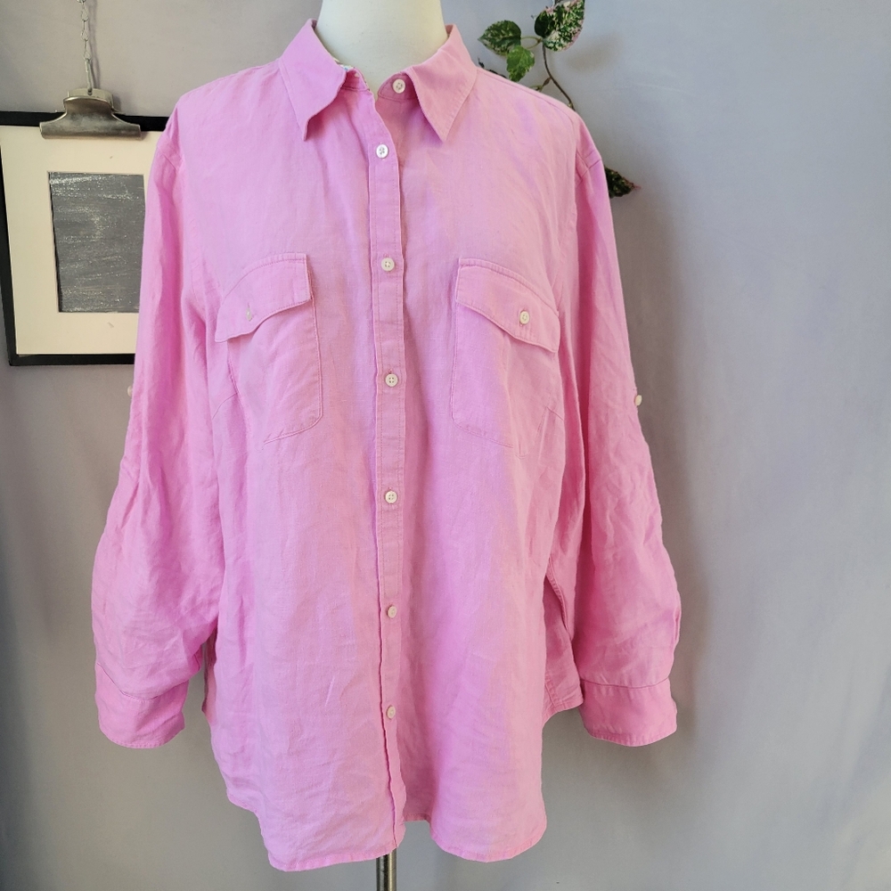 Lauren Ralph Lauren Linen Button Down Shirt Pink 2X
